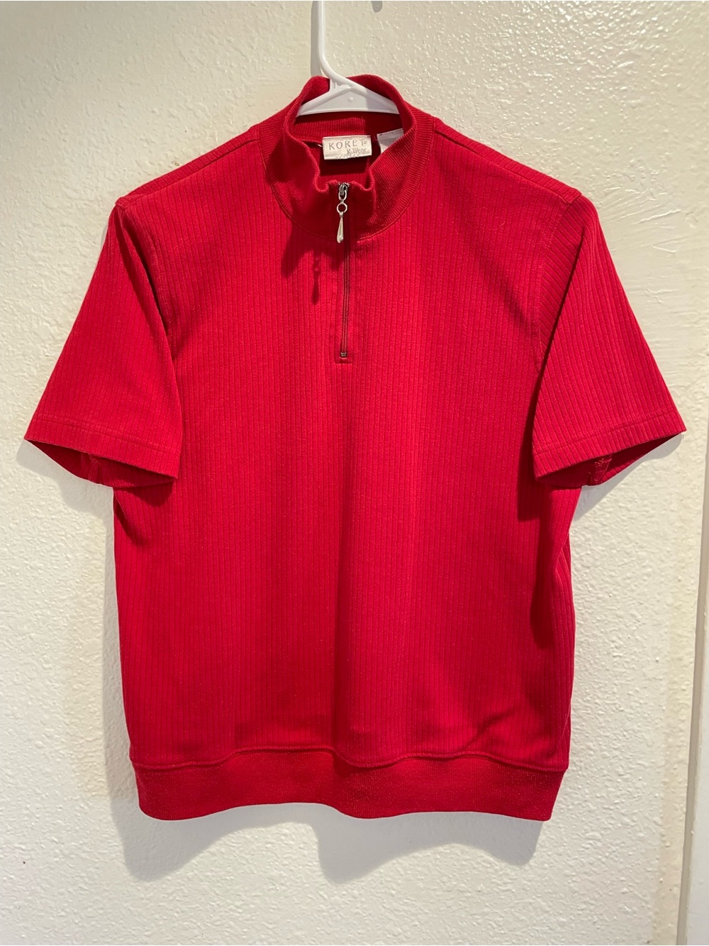 ✨VTG 90s Koret K-Wear Red Ribbed Quarter Zip Mock Neck Short Sleeve Top PM